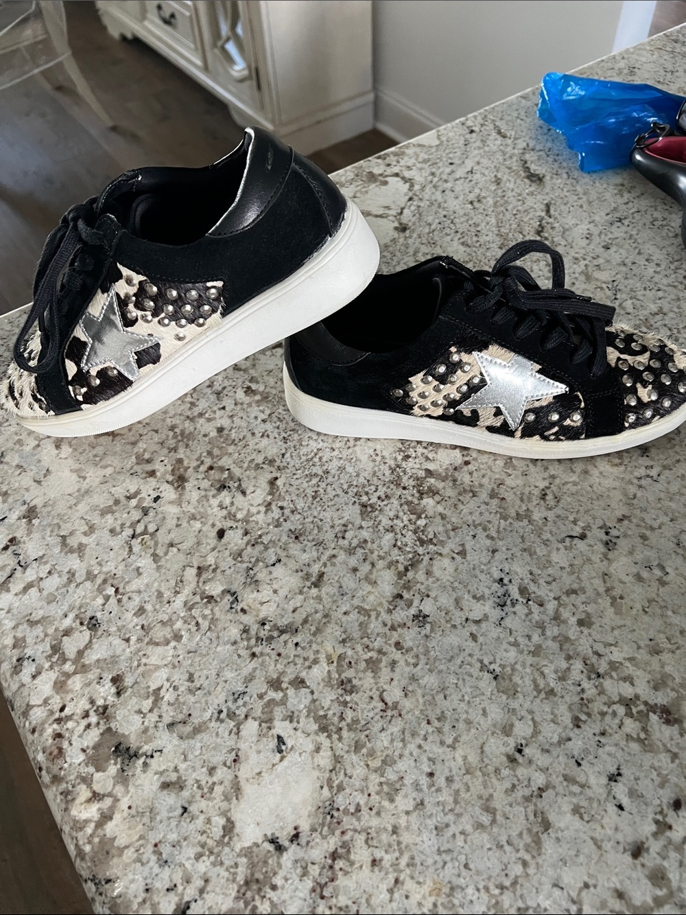 Myra Bag Black and Beige Studded Animal-Print Sneakers
